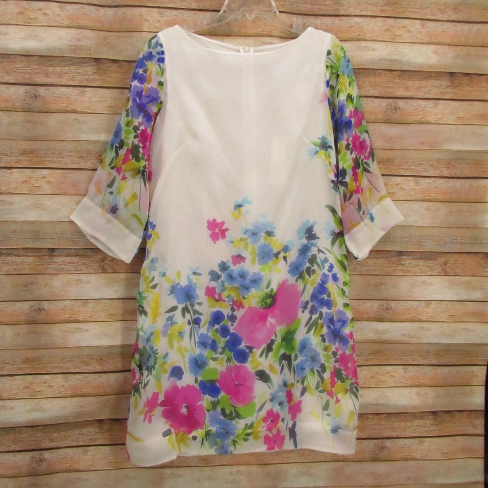 Sara Roka Sheer Floral 3/4 Sleeve Silk Dress 44 / US 6